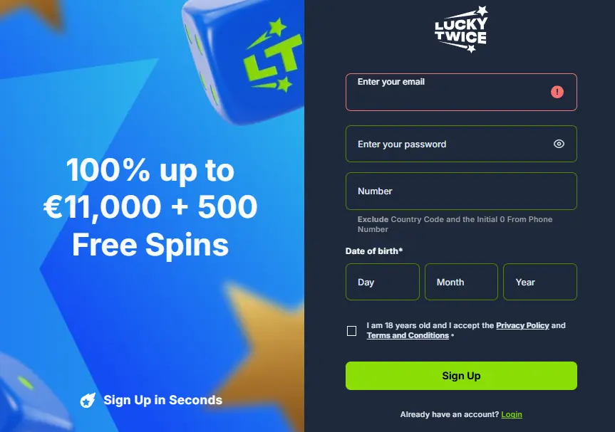 Lucky Twice Casino Sign Up Form for UK Players