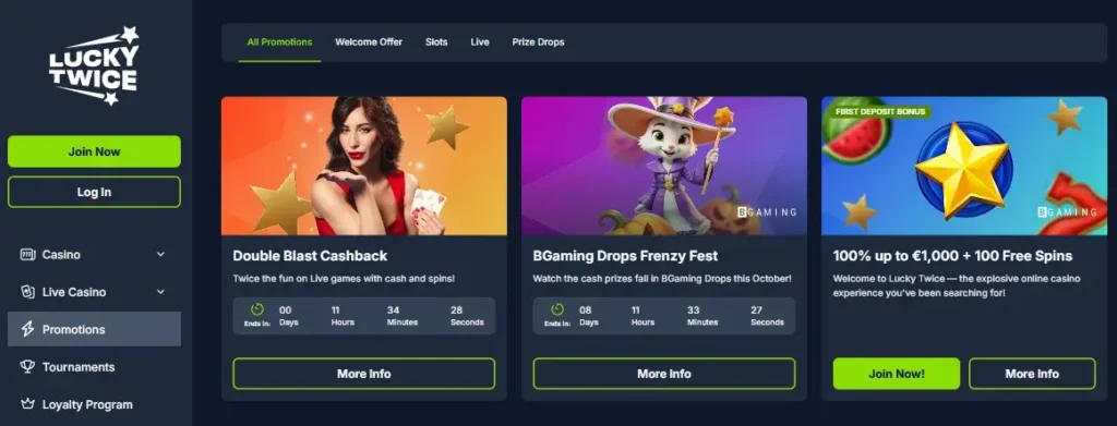 Lucky Twice Casino Bonus Section