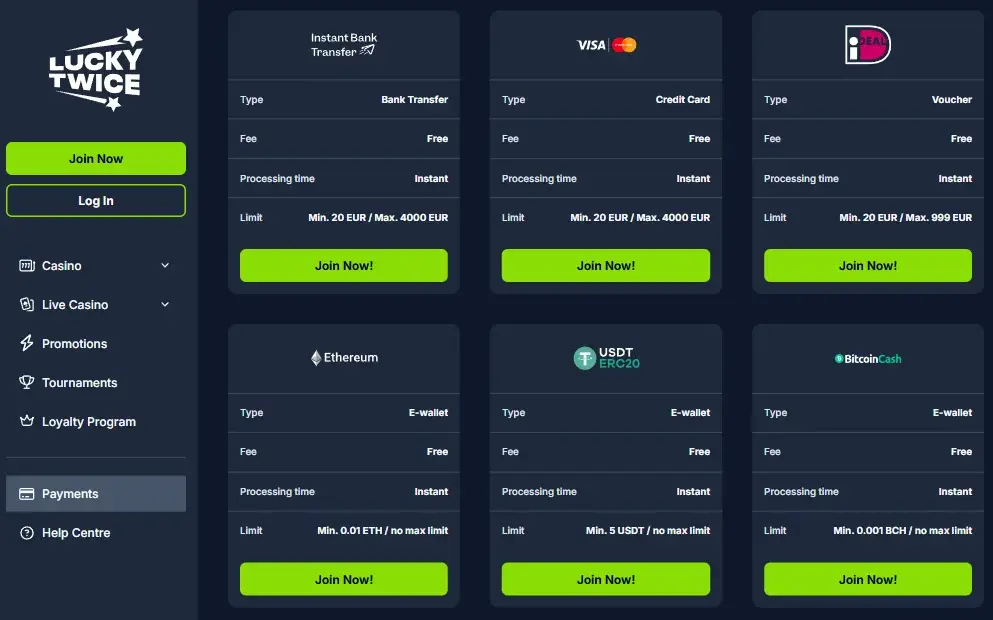 Lucky Twice Casino Deposit and Withdrawal Methods